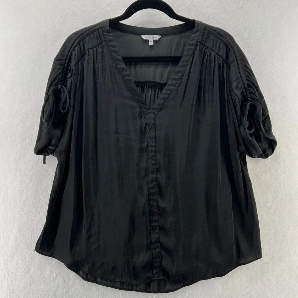 Naked Zebra Blouse Womens Sz M Relaxed Fit Shirred V-Neck Cinched Sleeve Black